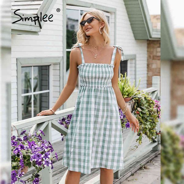 

chic plaid a-line midi women summer idyllic bow lace up smocking high waist casual elegant spaghetti dress 210414, Black;gray