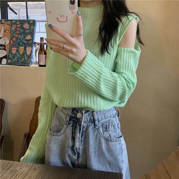 

women's sweaters casual strapped sweater with shoulder for women, cold round turtleneck women alzy, White;black