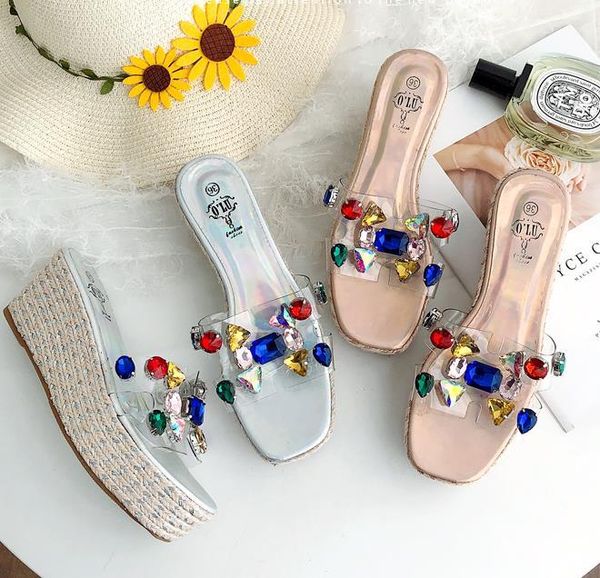 

sandals adorable rhinestone beaded straw woven 7cm platform wees high heels designer shoes size 34 to 40 tradingbear, Black