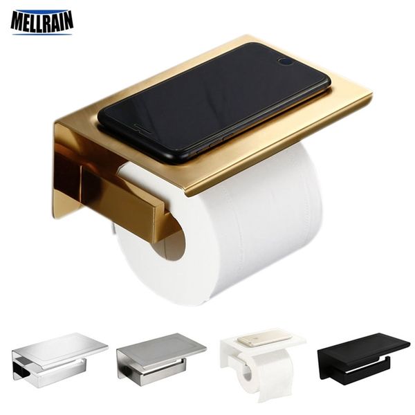 Gebürstetes Gold SUS304 Toilettenpapierhalter mit Regal Badezimmer Hardware Zubehör Gewebe Schwarz / Chrom Weiß Farbe 210720