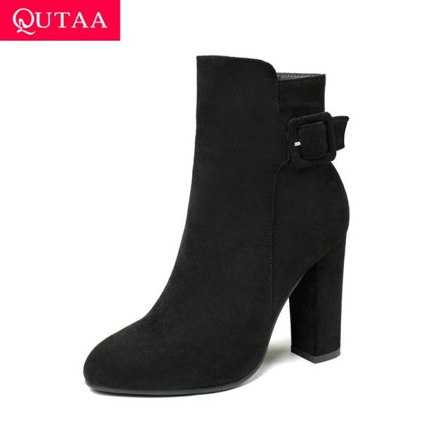 

boots qutaa 2021 ankle flock square high heel fashion short autumn winter round toe buckle zipper women shoes size 34-43, Black