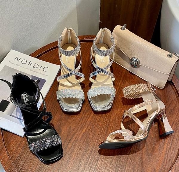 

sandals roman style temperament open toe exquisite rhinestone ladies summer fashion hollow zipper high heels., Black