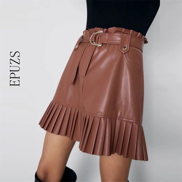 

stylish chic pu leather mini skirt with belt za fashion women high waist pleated skirts womens casual streetwear party faldas 210412, Black