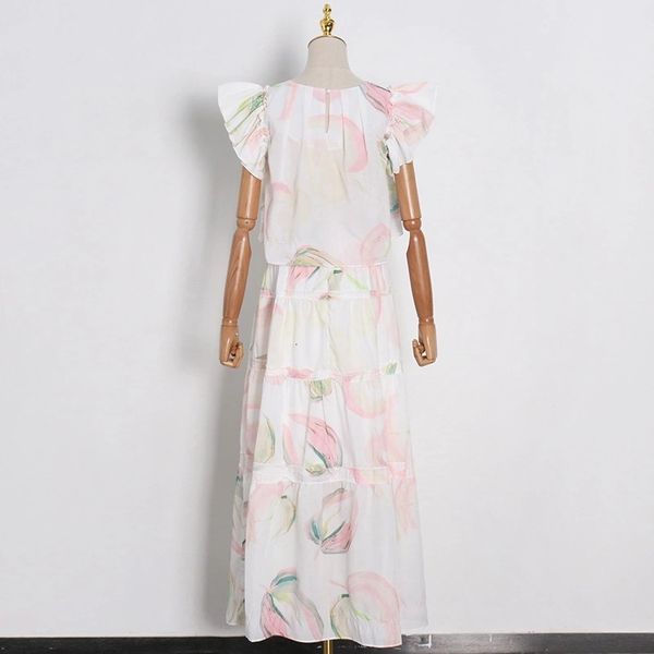 

australia fashion petal sleeve printed shirt + high waist cake skirt, White