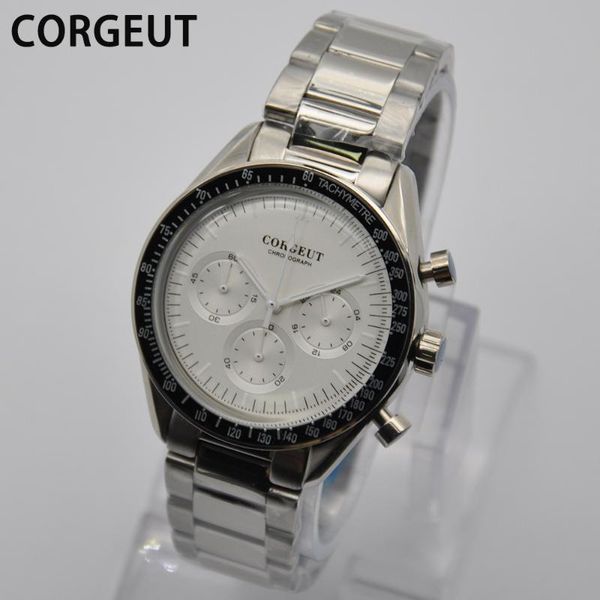 

wristwatches corgeut business fashion mens watches stainless steel chronograph quartz watch white dial men sport clock orologio da uomo, Slivery;brown