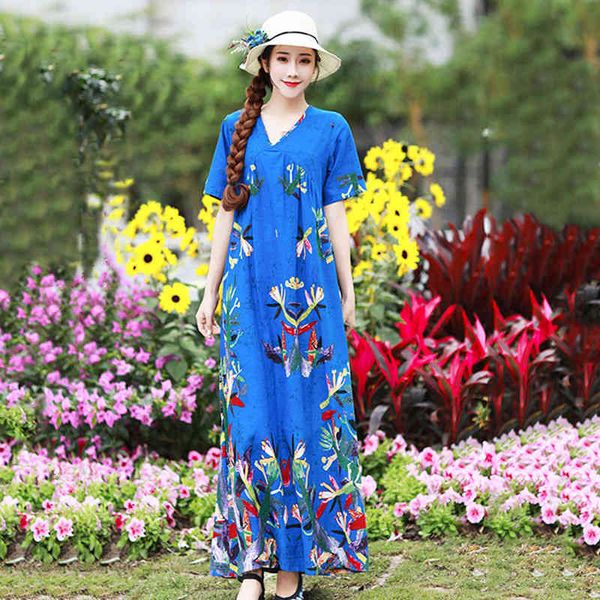 

casual dresses cotton ethnic vintage print long dress women art v neck plus size ladies short sleeve summer big hem a line clothes 02ws, Black;gray