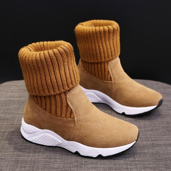 

boots winter women sock warm fur sneakers snow ladies stretch brown short booties autumn female casual cotton shoes, Black