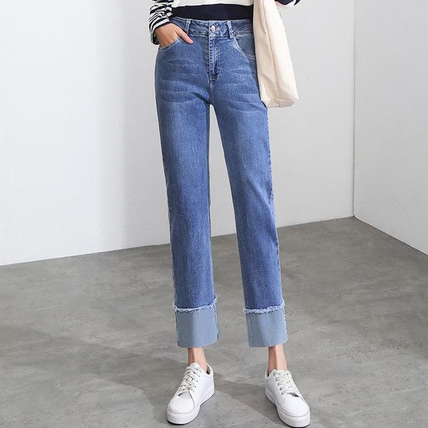 

high-waisted hemmed straight jeans women fashion loose vintage blue denim pants office lady elegant trousers plus size 4xl 8915 women's