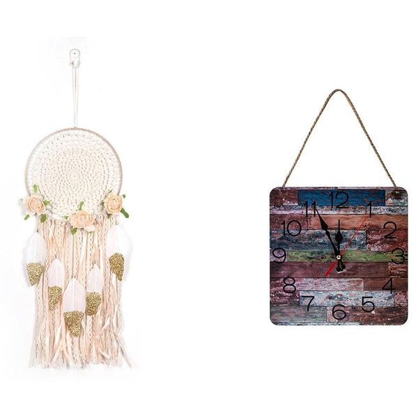 

wall clocks woven flower feathers dreamcatcher boho macrame hanging dream catcher & mute wooden clock no.1