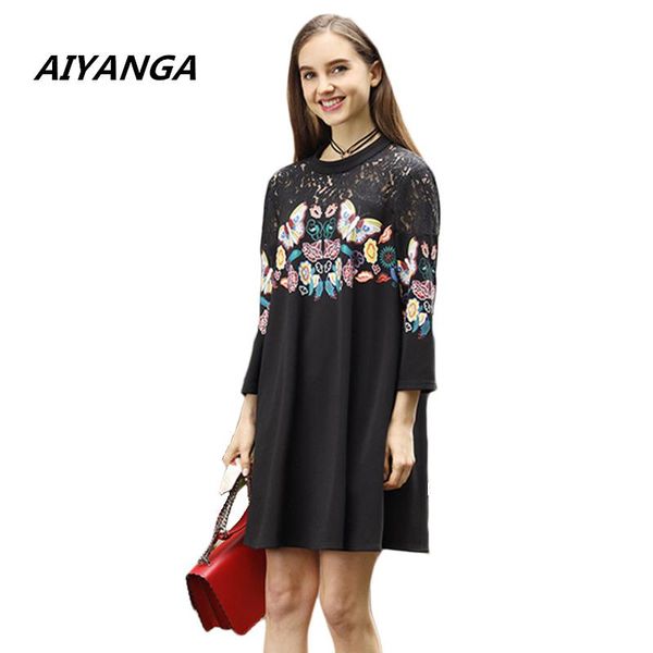 

casual dresses xl-5xl large size fashion print patchwork lace dress for women three quarter sleeve hollow loose female, Black;gray
