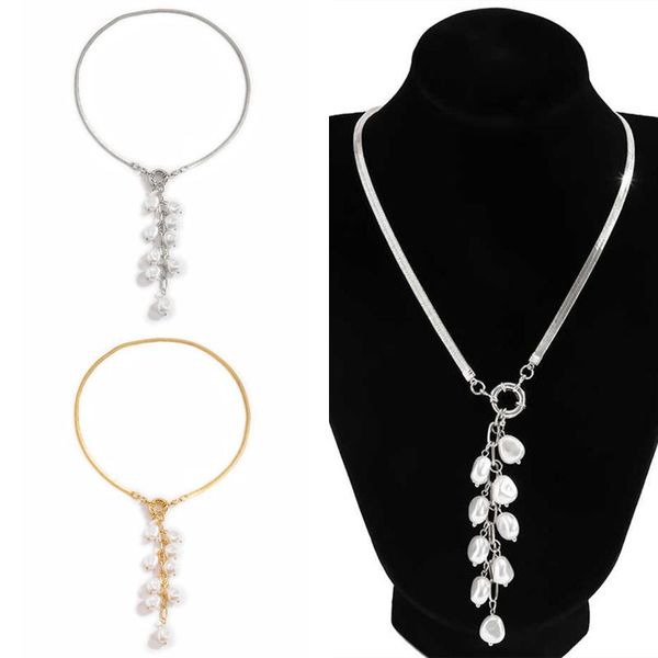 

pendant necklaces bohe metal snake chain irregular pearl tassel necklace 2021 trend arrival beach pearls choker for women men girls, Silver