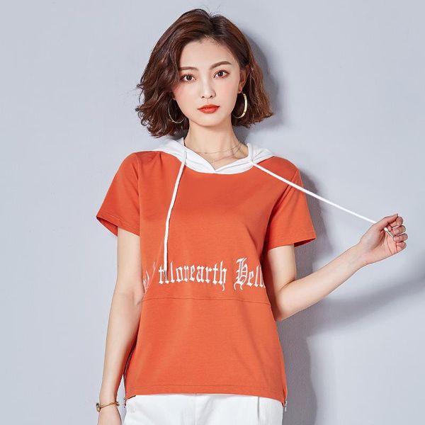 

women's t-shirt xiaowang oubogj embroidered hooded casual summer 2021 korean splicing short sleeve fashion, White
