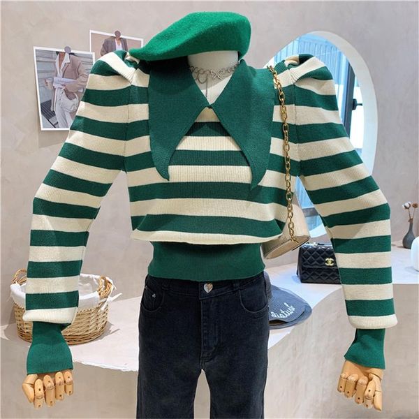 

women's sweaters clothing 2021 autumn lapel striped puff sleeve knit shirt fashion long top, White;black