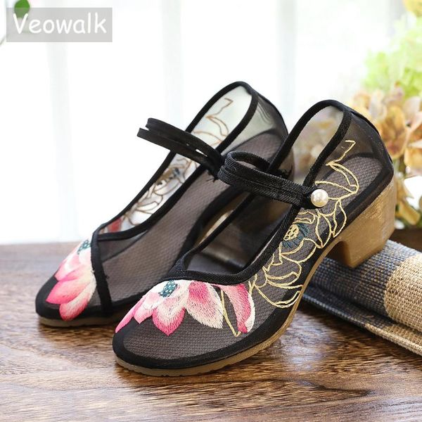 

veowalk summer women gauze fabric embroidered block heel shoes 4cm mid heels comfortable retro ladies floral mary jane pumps dress, Black