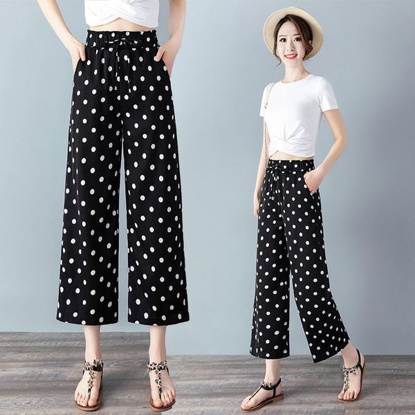 

women's pants & capris high-end triacetate wide-leg plus size 2021 spring and summer korean fashion polka dot printing casual, Black;white