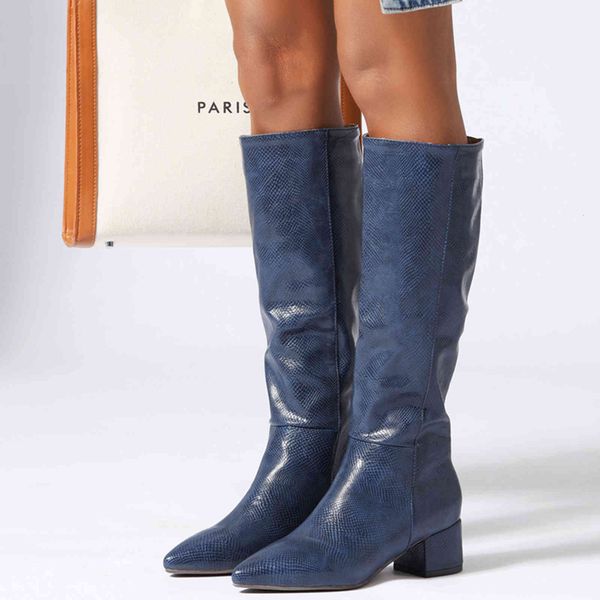 

boots western cowboy for women winter knee high snake leather long pointed low heels casual shoes woman large size ed4d, Black