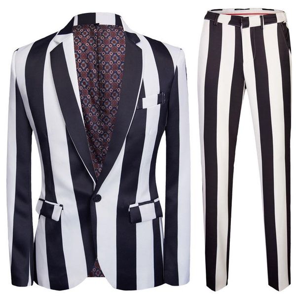 

striped men suit 2021 korean printed slim fit 2 pieces office work business dress suits blazers and pants white-black party show men's