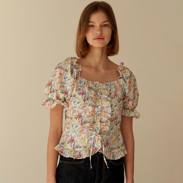 

women's polos inoon summer style one-shoulder print pleated square neck puff sleeve short top, White
