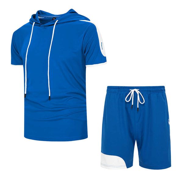 Moda dos homens de verão casual tracksuits novos conjuntos shorts + manga curta t-shirt 2 peças macho sólido patchwork com capuz esportes terno x0610