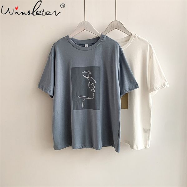 

summer t-shirt women girls drawing print abstract cotton white loose o-neck short sleeve basic tee t14602a 210421, Black;gray