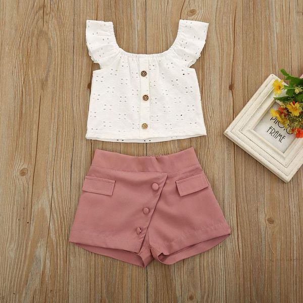 

clothing sets baby girl clothes toddler solid color sling hollow out ruffle comfortable tow-piece suit kids girls ropa niÃ±a, White