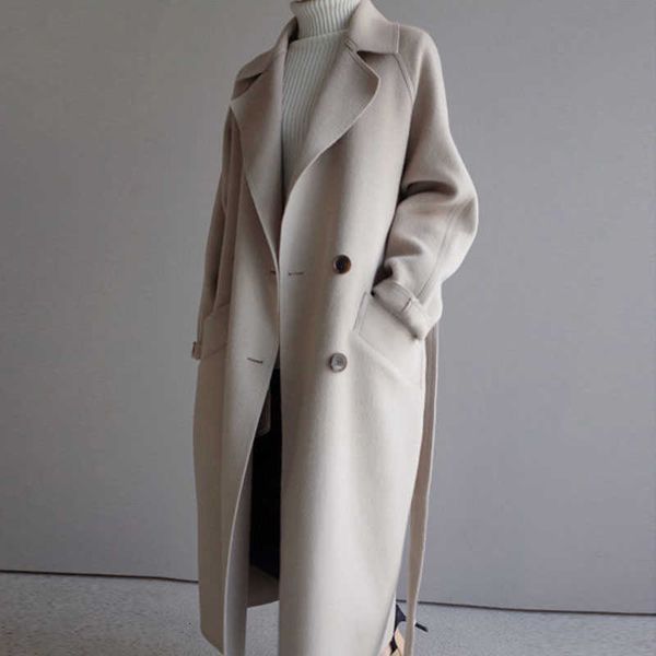

winter wide lapel belt pocket blend coat oversize long trench outwear wool women, Black