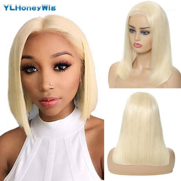 

ylhoney 13x1 613 blonde brazilian straight human hair bob wigs 14 inch remy short ombre lace front for black women1, Black;brown