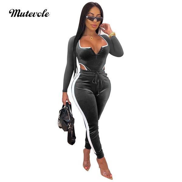 

women's jumpsuits & rompers mutevole autumn long sleeve velvet jumpsuit women patchwork fitness casual drawstring zipper skinny, Black;white
