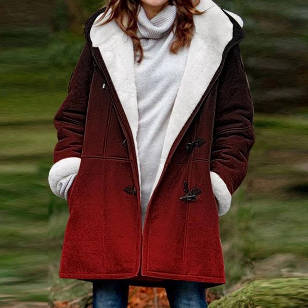 

women's jackets winter women 2021 fashion gradient hood fuzzy fleece thickend parkas hoodies female long sleeve loose buttons coat, Black;brown