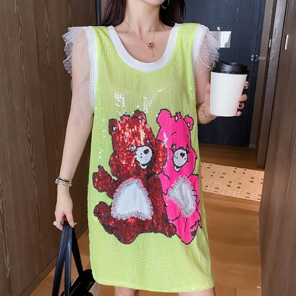

women summer oversize vest t-shirts fashion cartoons sequined embroidery long t-shirt lace patchwork sleeveless tshirt tees women's, White