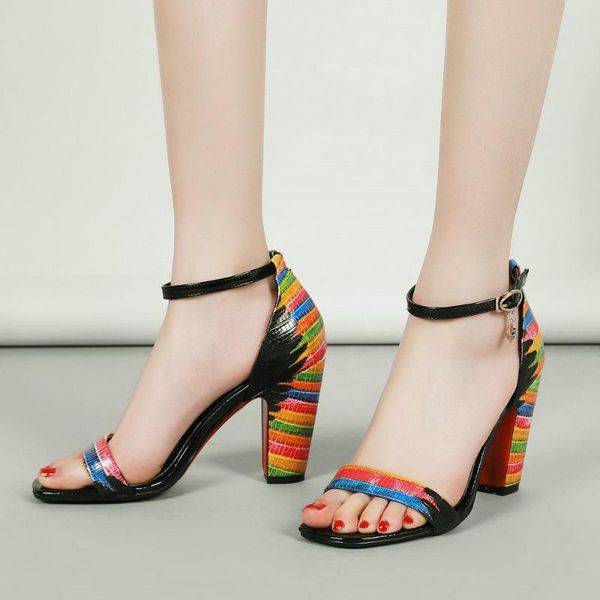 

women summer buckle floral high thick heel mixed colors sandals shoes ladies party wedding peep toe big size 34-40, Black
