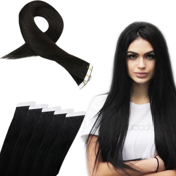 Tape-in-Haarverlängerungen, Remy, unsichtbar, PU, 35,6 cm, einfarbig, #1B, Off-Black, nahtlos, brasilianisch, 80 g pro Packung