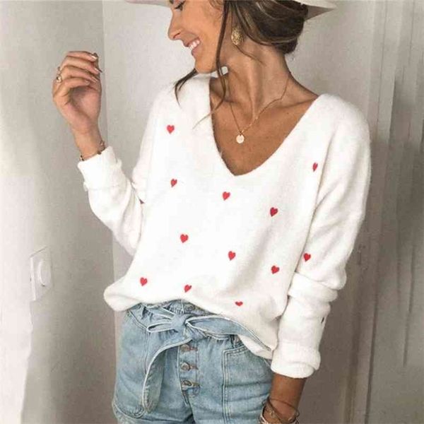 Fitshinling V cuello bordado corazón suéter mujeres jersey prendas de punto estilo coreano kawaii jumper invierno casual suéteres tops venta 210812