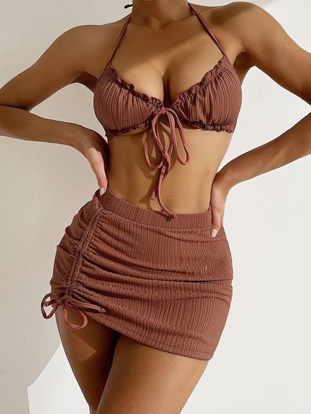 

3pack frill trim halter bikini swimsuit & drawstring beach skirt m6qn#, White;black