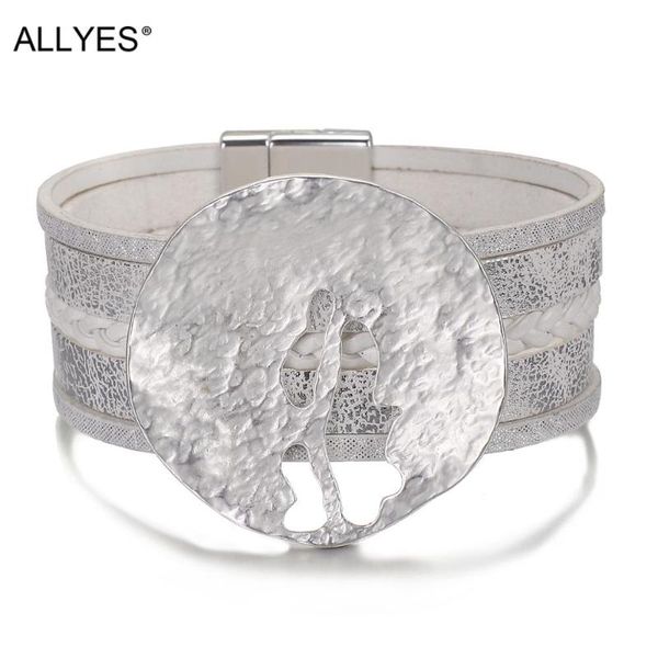 

tennis allyes vintage hollow irregular metal charms leather bracelets for women multilayer magnetic clasp braided wrap bracelet jewelry, Golden;silver