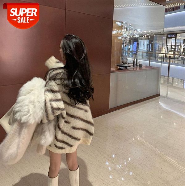 

[you milk and wild] loose slim mid-length striped lazy mohair sweater women women's clothing #um7u, White