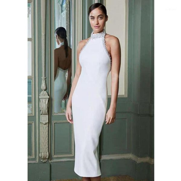 

casual dresses white backless midi female summer for women halter sleeveless high waist patchwork pearl slim dress, Black;gray