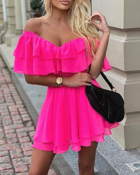 

elegant off shoulder ruffle fit womens dresses flare solid casual summer mini, Black;gray