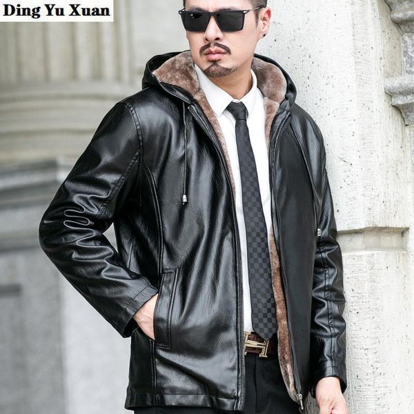 

men's fur & faux winter leather hooded jacket men fleece warm jackets coats outwear male casual zipper thick pu windbreaker, Black