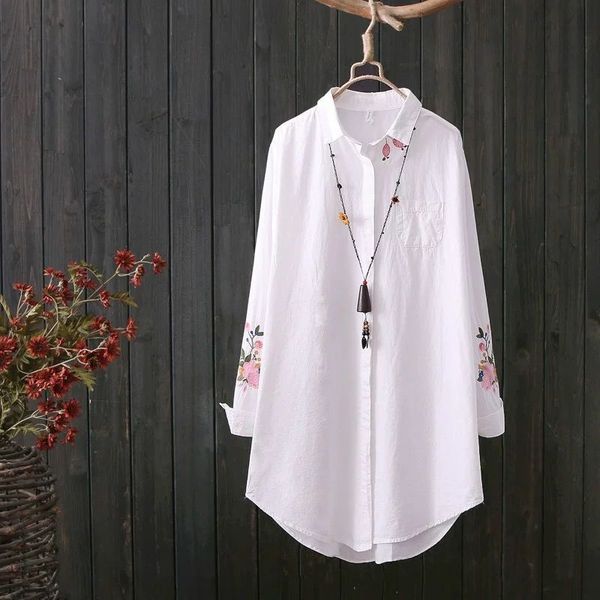 

100% cotton floral embroidery female long shirts new spring korean style women loose casual shirts plus size p276 210412, White