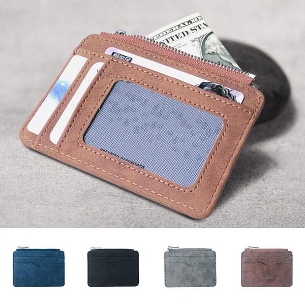 

card holders retro matte leather mini id business holder slim bank case organizer wallet zipper unisex, Brown;gray