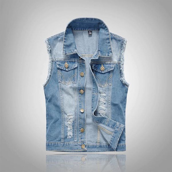 

men's vests autumn slim trend men denim vest light blue waistcoat ripped jeans jacket sleeveless casual button coats cotton soft clothi, Black;white