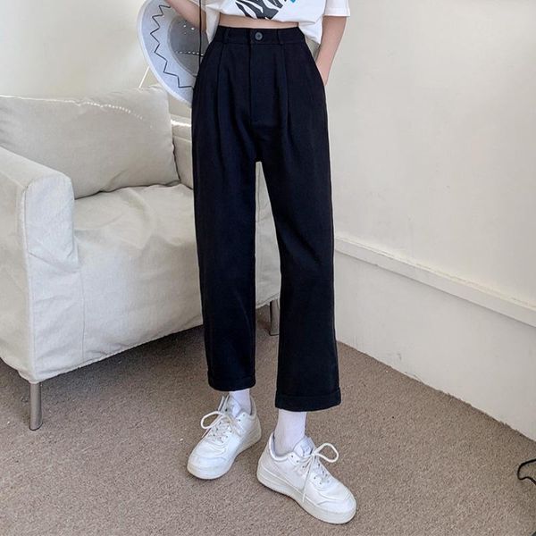 

women's pants & capris women suit solid straight loose trousers 2021 female all-match simple nine points korean style high waist, Black;white