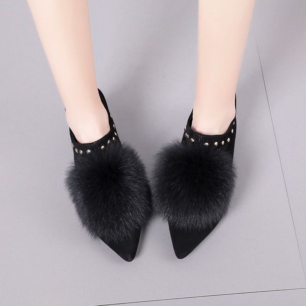 

autumn single shoes woman low heels fox fur women plush rivests shoes female footware back zip block heel black