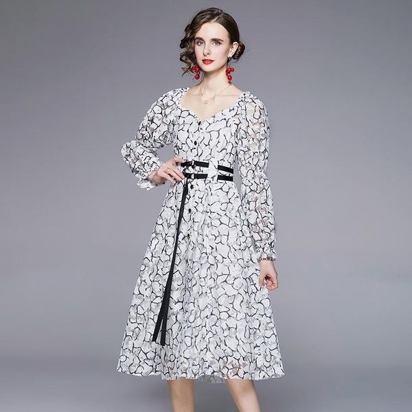 

casual dresses banulin 2021 autumn embroidery lace dress women's v-neck lantern sleeve single breasted sashes elegant midi party vestid, Black;gray