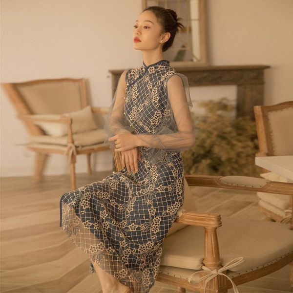 

casual dresses french style lace embroidery retro cheongsam dress female beach vacation mesh sleeve ruffles long wq1940, Black;gray