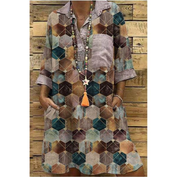 

casual dresses 3xl large size women vintage print boho dress 3/4 sleeve loose geometric printed bohemian pocket knee length, Black;gray