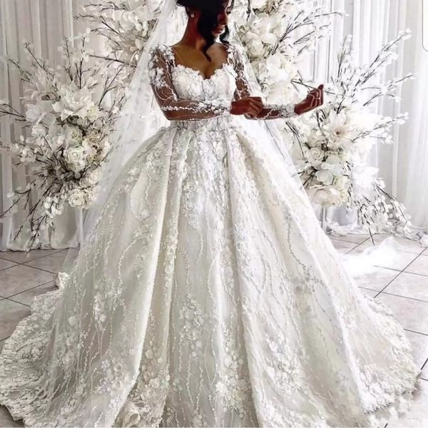 Abito da sposa abito da ballo scollo a cuore fiori fatti a mano fiori 3D manica lunga abiti da sposa gonfi al pavimento