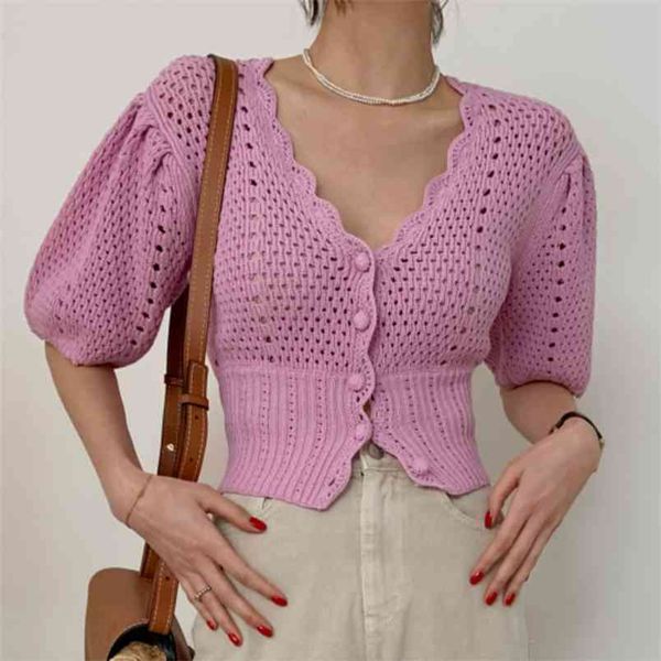 Sommer Lässige Strickwaren Pullover Puff Sleeve Aushöhlen Häkeln Blume Strickjacke Frauen Elegante V-ausschnitt Schlank Stricken Crop Top 210514