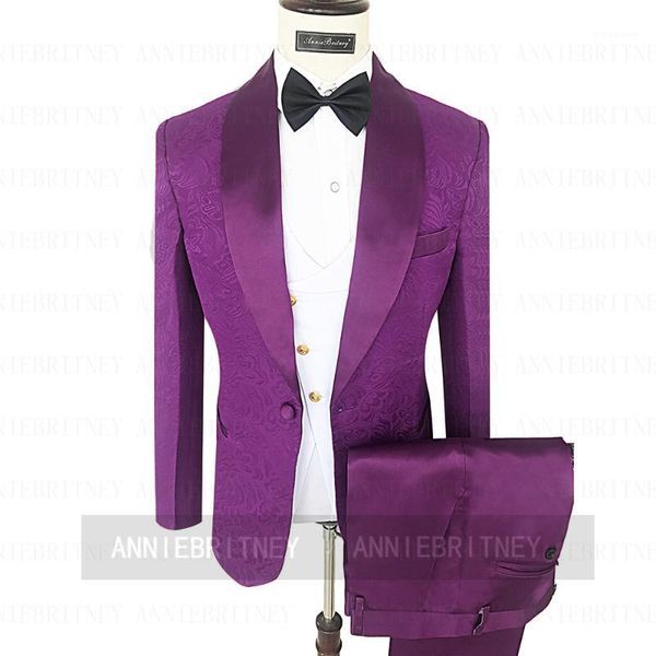 

men's suits & blazers shawl lapel jacquard suit men set slim fit purple wedding for groom man prom party tuxedo jacket vest pants 3 pie, White;black